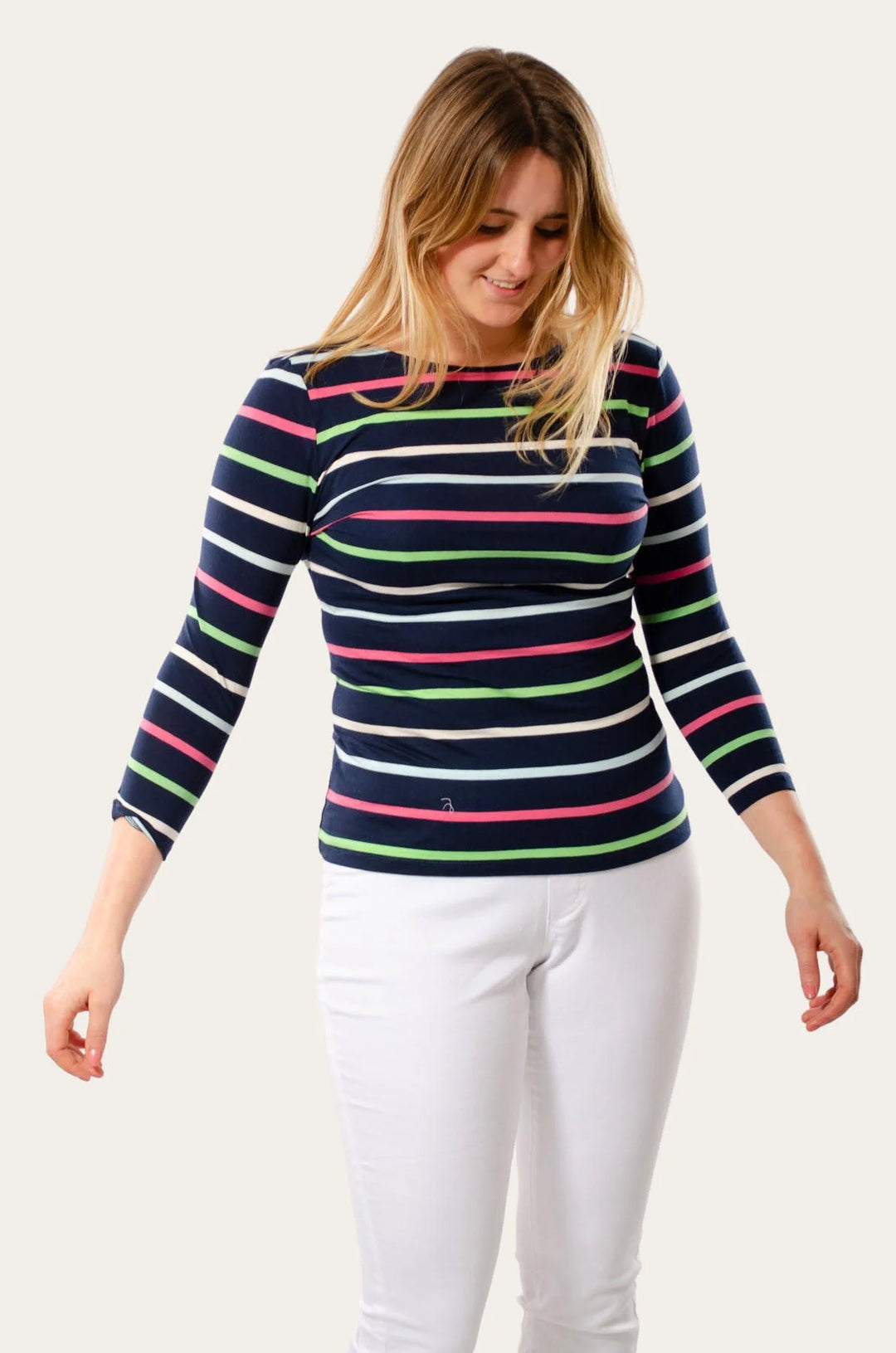 M&S Striped cotton rich slash neck tops Navy Multi Stripe /