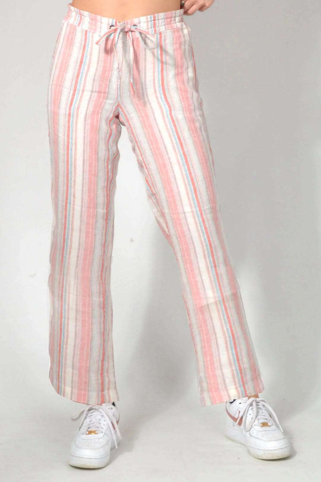 M&S Striped LInen Blend Trousers Pink/Ivory / 28 / Reg