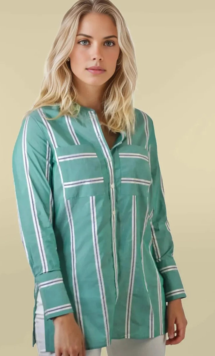 M&S Striped Long Line Shirt Green / 6