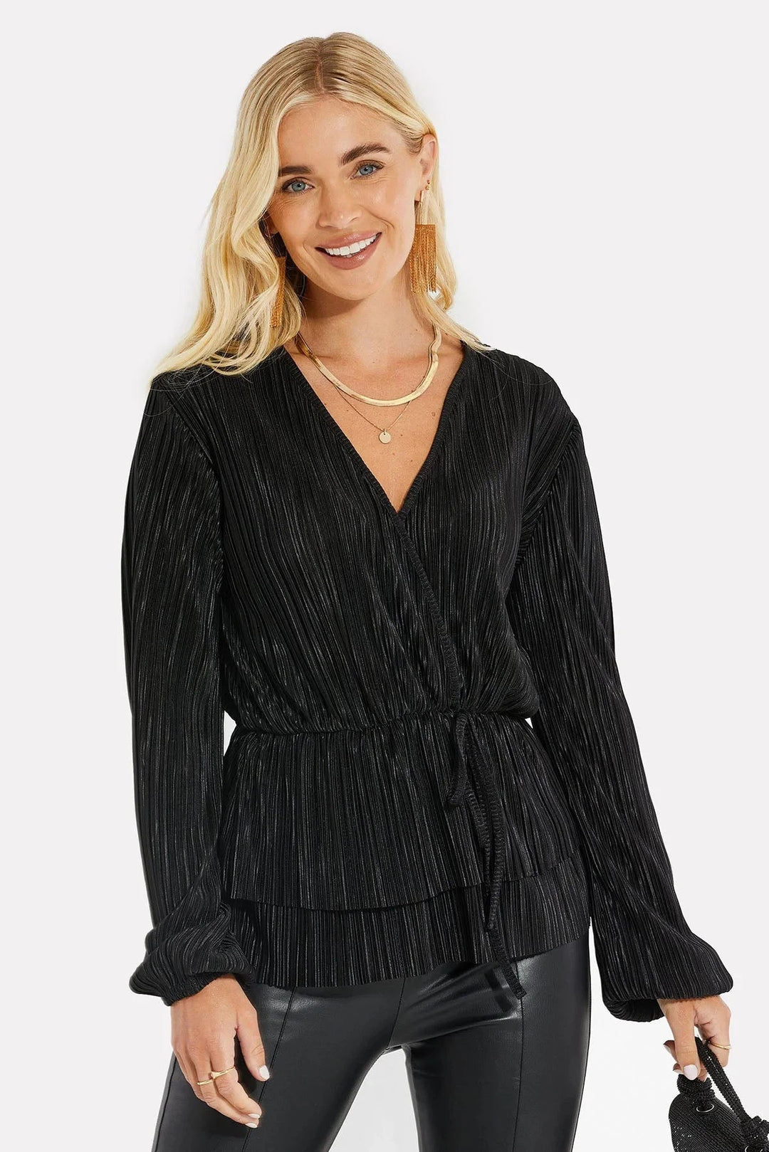 Threadbare Plisse Long Sleeve Wrap Blouse Black / 10