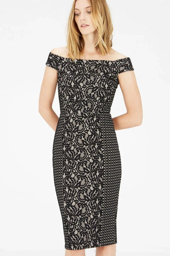 Warehouse Bardot Lace Pencil Dress Black / 6