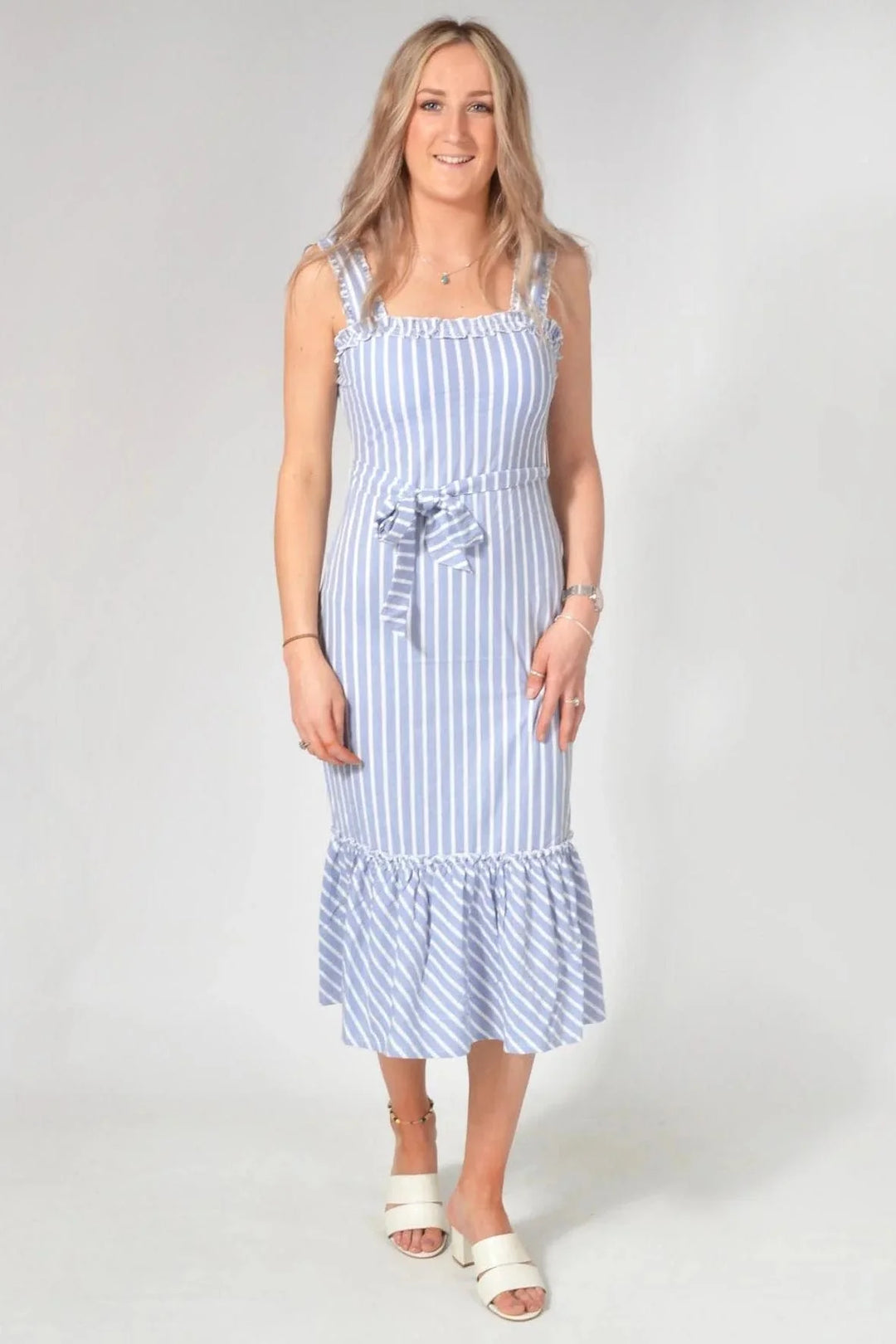 Warehouse Striped Frill Hem Midi Dress Blue / 6