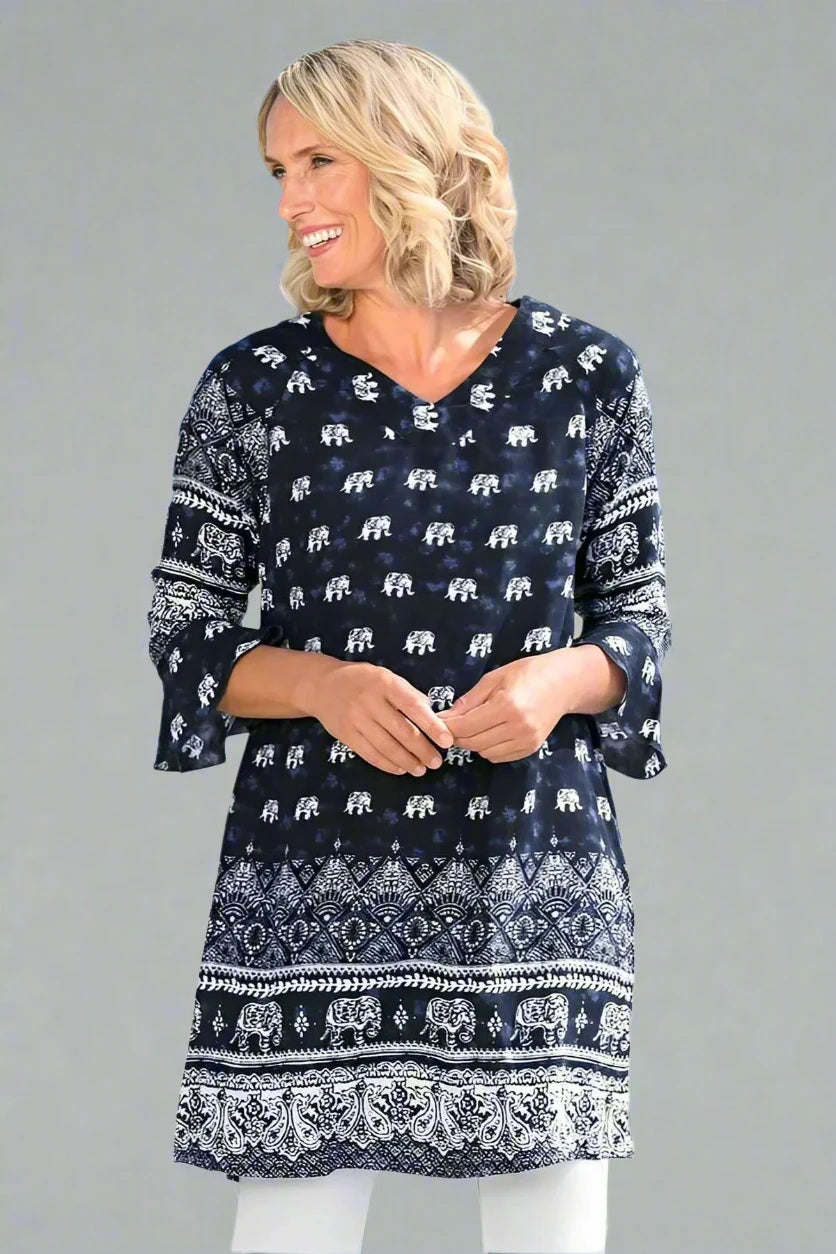 White Island Elephant Border Print Tunic Top Navy / 14